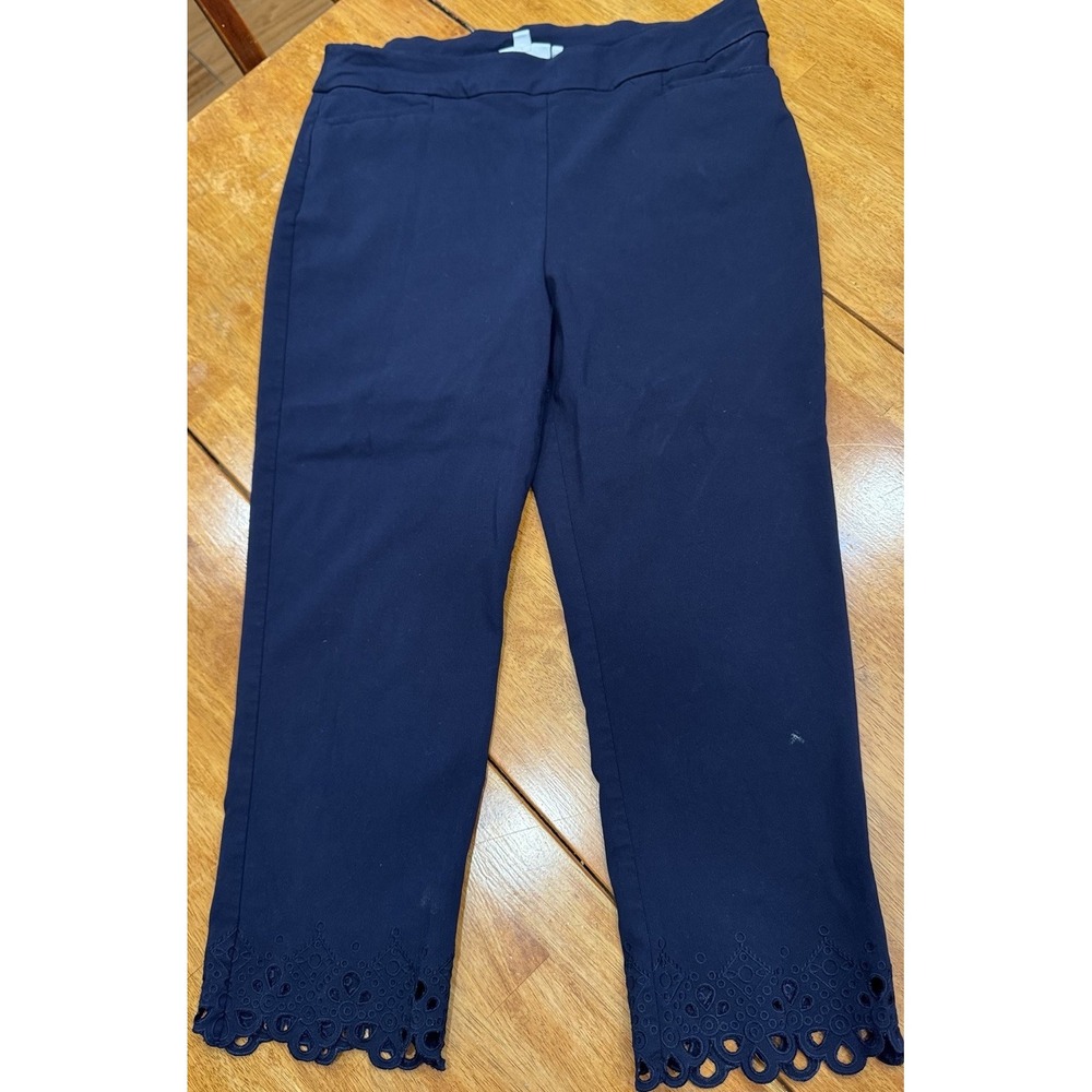 Chico's Women's Navy Blue Cropped Pants with Lace Trim Sz 12-14 Pull On Stretch